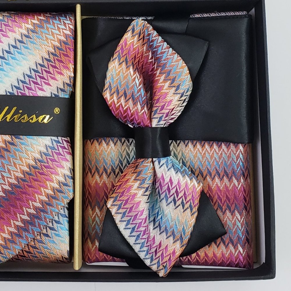 6 Piece Pink Blue Chevron Necktie & Bow Tie Set - Picture 4 of 6